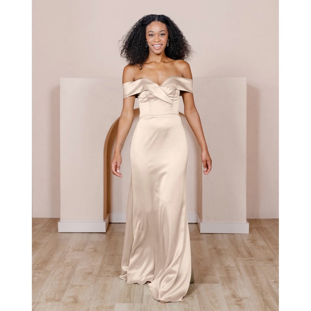 Revelry - Bardot Satin Dress in Champagne - Size 2